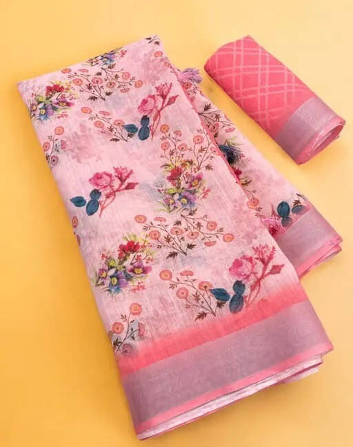 Grubstaker Linen Printed Regular Saree With Unstitched Blouse Piece ( Pink ) Grubstaker Linen Printed Regular Saree With Unstitched Blouse Piece ( Pink )