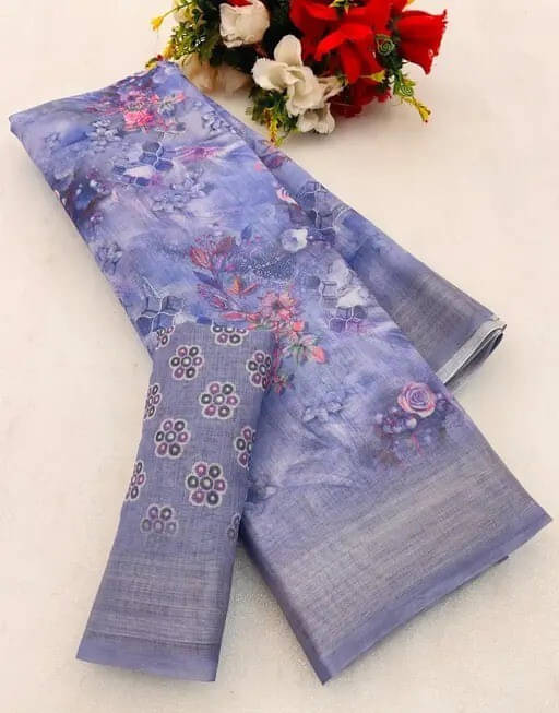 Grubstaker Linen Printed Regular Saree With Unstitched Blouse Piece ( Purple ) Grubstaker Linen Printed Regular Saree With Unstitched Blouse Piece ( Purple )
