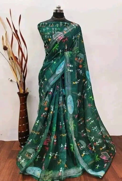     			Grubstaker Linen Printed Regular Saree With Unstitched Blouse Piece ( Green )