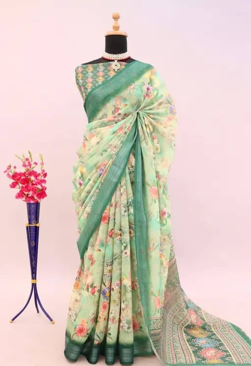     			Grubstaker Linen Printed Regular Saree With Unstitched Blouse Piece ( Green )