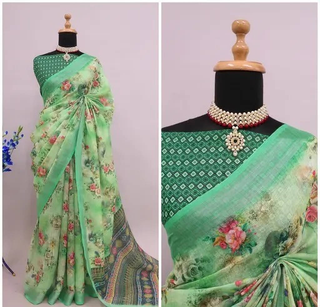     			Grubstaker Linen Printed Regular Saree With Unstitched Blouse Piece ( Green )