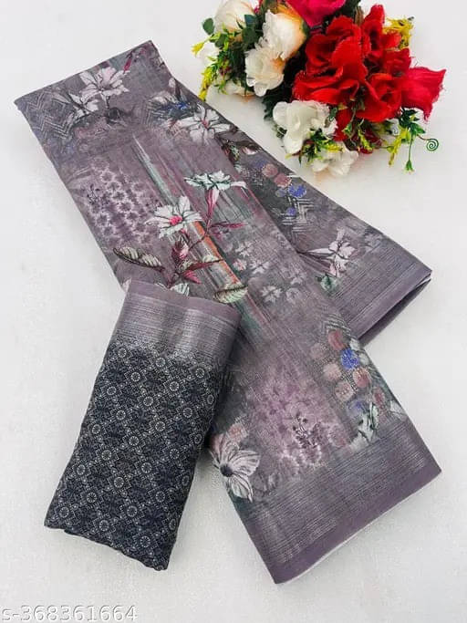     			Grubstaker Linen Printed Regular Saree With Unstitched Blouse Piece ( Brown )