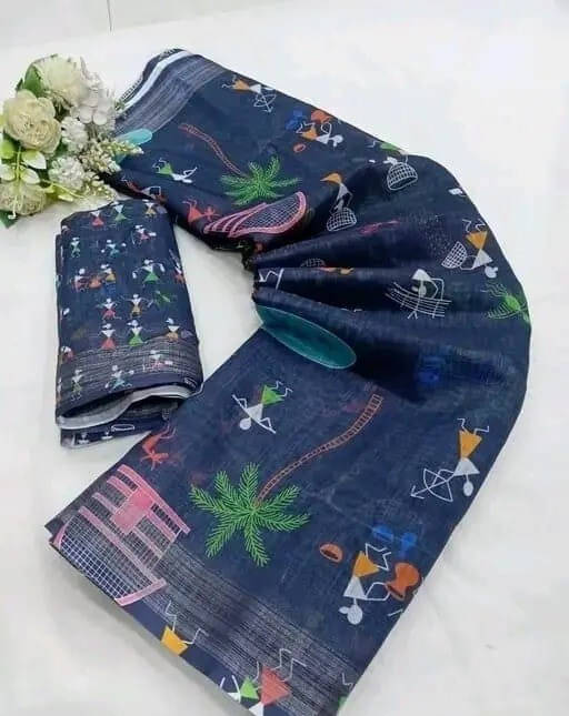 Grubstaker Linen Printed Regular Saree With Unstitched Blouse Piece ( Navy Blue ) Grubstaker Linen Printed Regular Saree With Unstitched Blouse Piece ( Navy Blue )