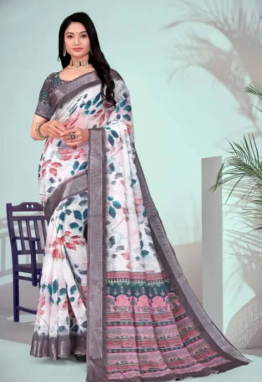 Grubstaker Linen Printed Regular Saree With Unstitched Blouse Piece ( White ) Grubstaker Linen Printed Regular Saree With Unstitched Blouse Piece ( White )