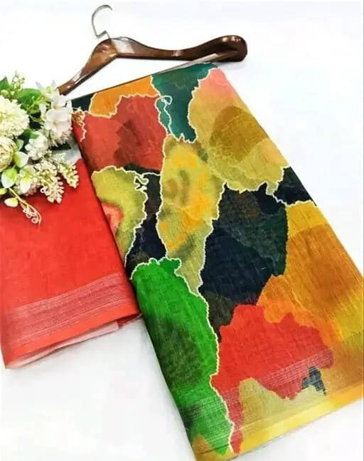     			Grubstaker Linen Printed Regular Saree With Unstitched Blouse Piece ( Yellow )