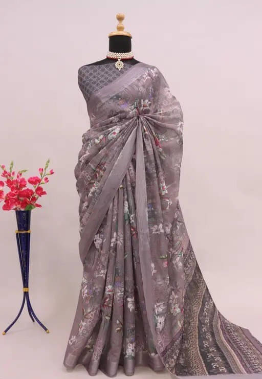     			Grubstaker Linen Printed Regular Saree With Unstitched Blouse Piece ( Brown )