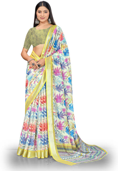 Grubstaker Linen Printed Regular Saree With Unstitched Blouse Piece ( White ) Grubstaker Linen Printed Regular Saree With Unstitched Blouse Piece ( White )