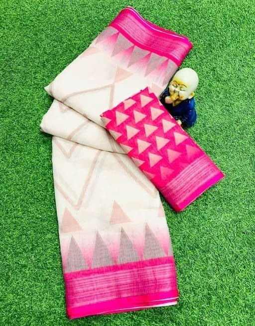     			Grubstaker Linen Printed Regular Saree With Unstitched Blouse Piece ( White )