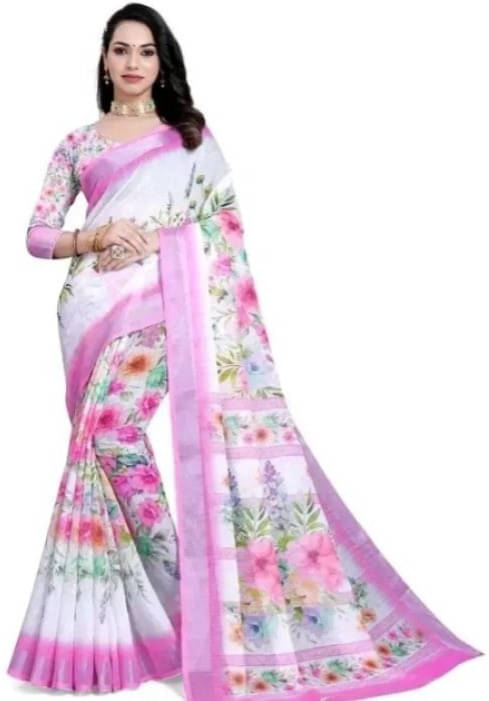 Grubstaker Linen Printed Regular Saree With Unstitched Blouse Piece ( White ) Grubstaker Linen Printed Regular Saree With Unstitched Blouse Piece ( White )