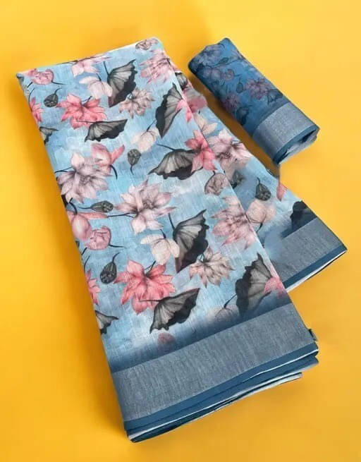 Grubstaker Linen Printed Regular Saree With Unstitched Blouse Piece ( Light Blue ) Grubstaker Linen Printed Regular Saree With Unstitched Blouse Piece ( Light Blue )