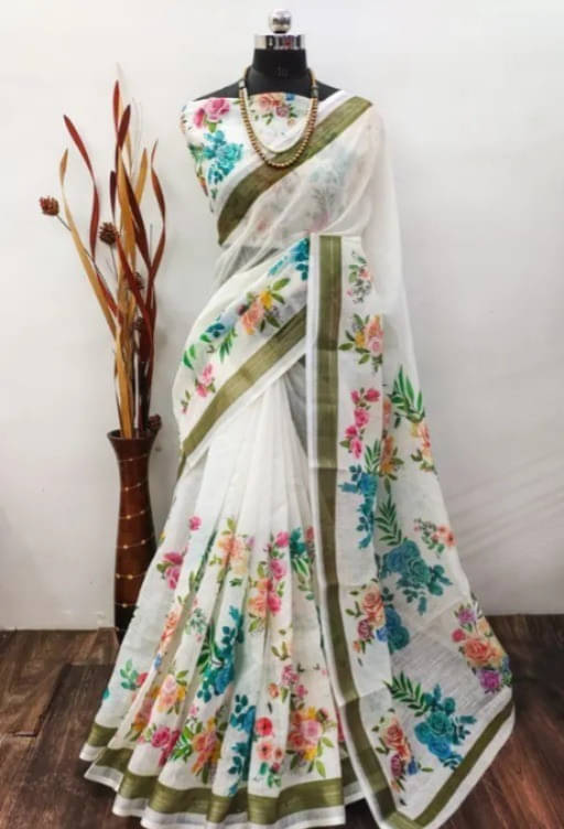 Grubstaker Linen Printed Regular Saree With Unstitched Blouse Piece ( White ) Grubstaker Linen Printed Regular Saree With Unstitched Blouse Piece ( White )