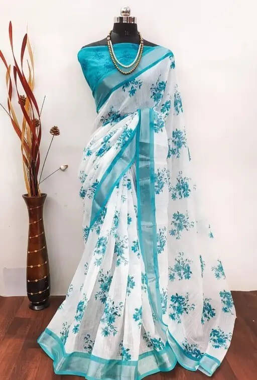     			Grubstaker Linen Printed Regular Saree With Unstitched Blouse Piece ( White )