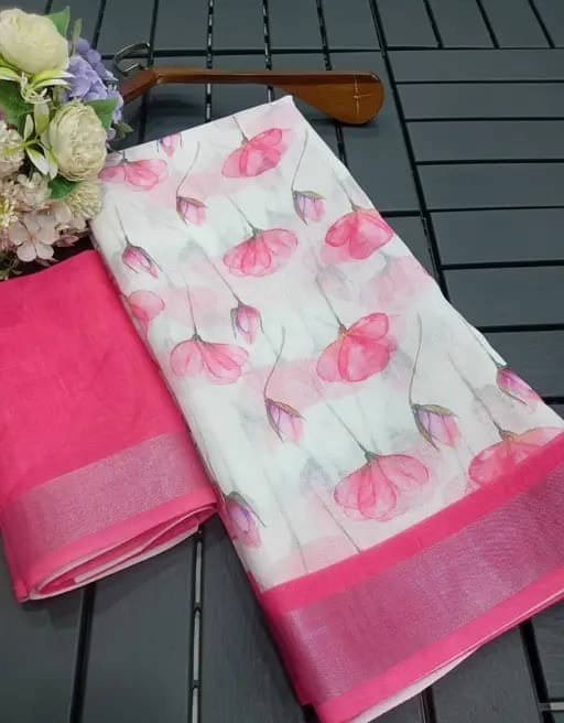     			Grubstaker Linen Printed Regular Saree With Unstitched Blouse Piece ( White )