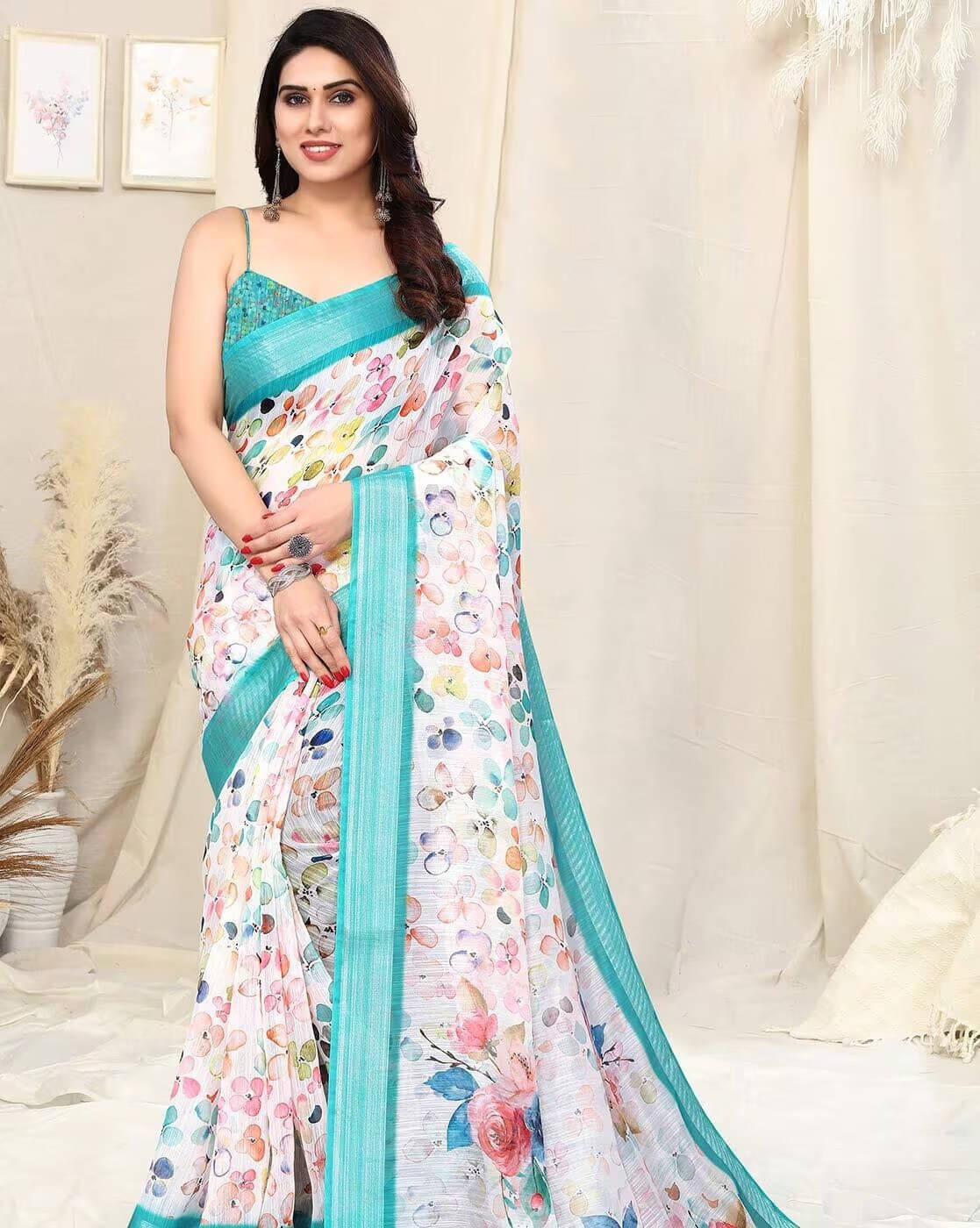 Grubstaker Linen Printed Regular Saree With Unstitched Blouse Piece ( Multicolor ) Grubstaker Linen Printed Regular Saree With Unstitched Blouse Piece ( Multicolor )