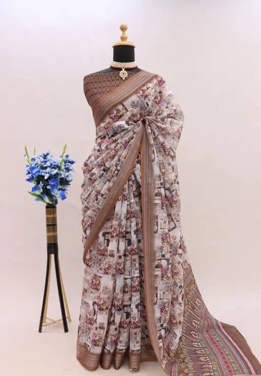 Grubstaker Linen Printed Regular Saree With Unstitched Blouse Piece ( Brown ) Grubstaker Linen Printed Regular Saree With Unstitched Blouse Piece ( Brown )