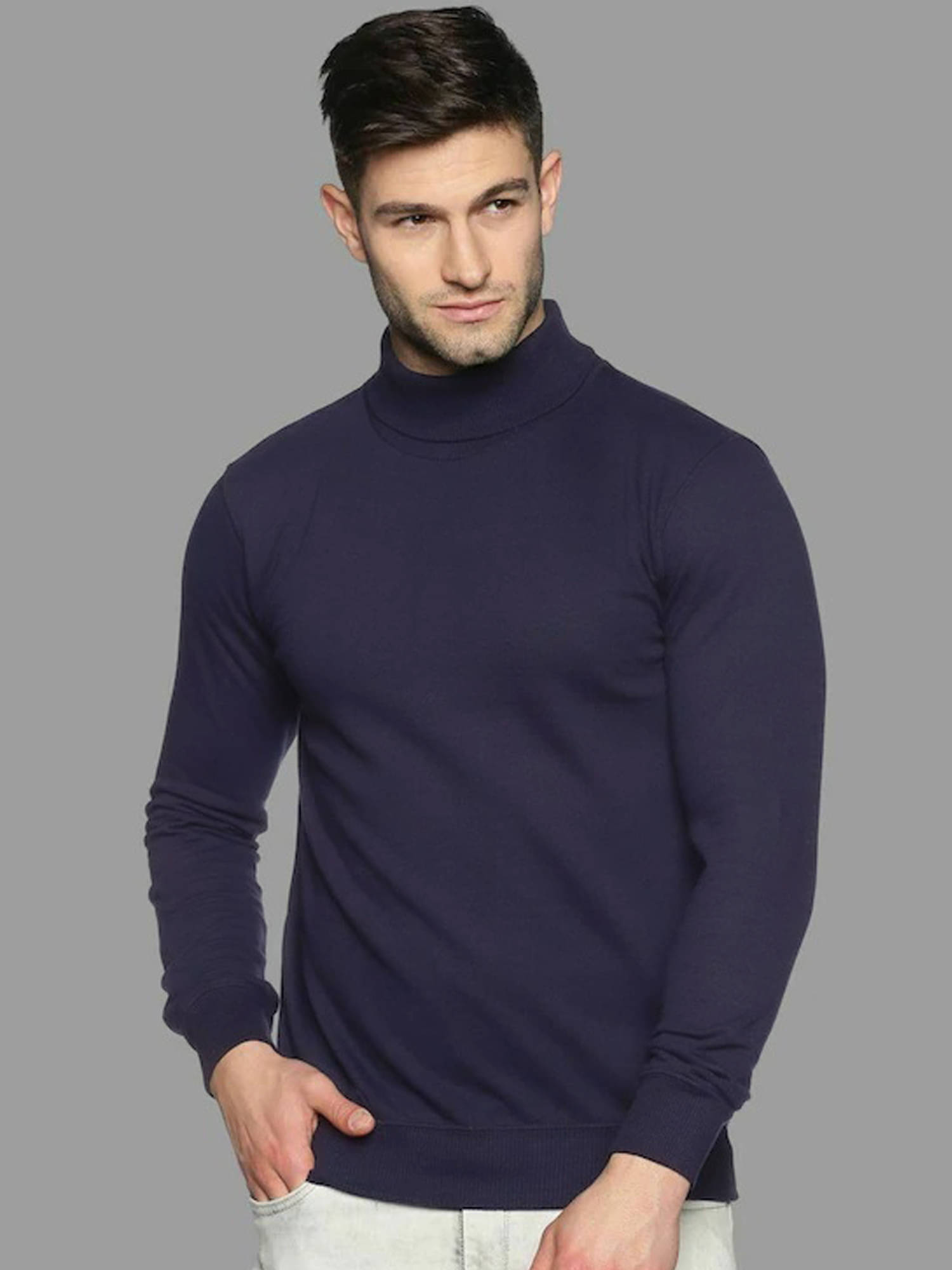     			JUMP CUTS Cotton Blend High Neck Men's Sweatshirt - Navy Blue ( Pack of 1 )