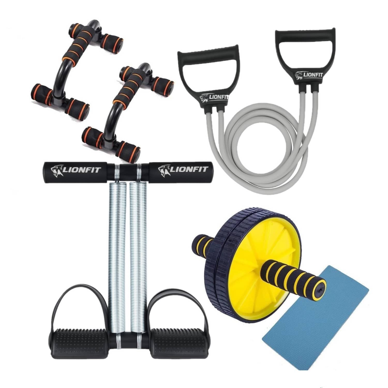 LIONFIT® COMPLETE HOME GYM FITNESS COMBO – Double Spring Tummy Trimmer, Push-Up Bars, Resistance Tube with Handles, Abs Roller with Knee Mat | Full Body Workout Kit for Men & Women - Sports and Fitness Equipment | Buy online on ZillyBuy