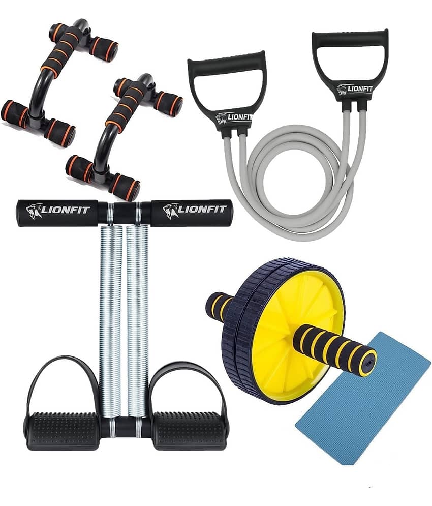 LIONFIT® COMPLETE HOME GYM FITNESS COMBO – Double Spring Tummy Trimmer, Push-Up Bars, Resistance Tube with Handles, Abs Roller with Knee Mat | Full Body Workout Kit for Men & Women - Sports and Fitness Equipment | Buy online on ZillyBuy