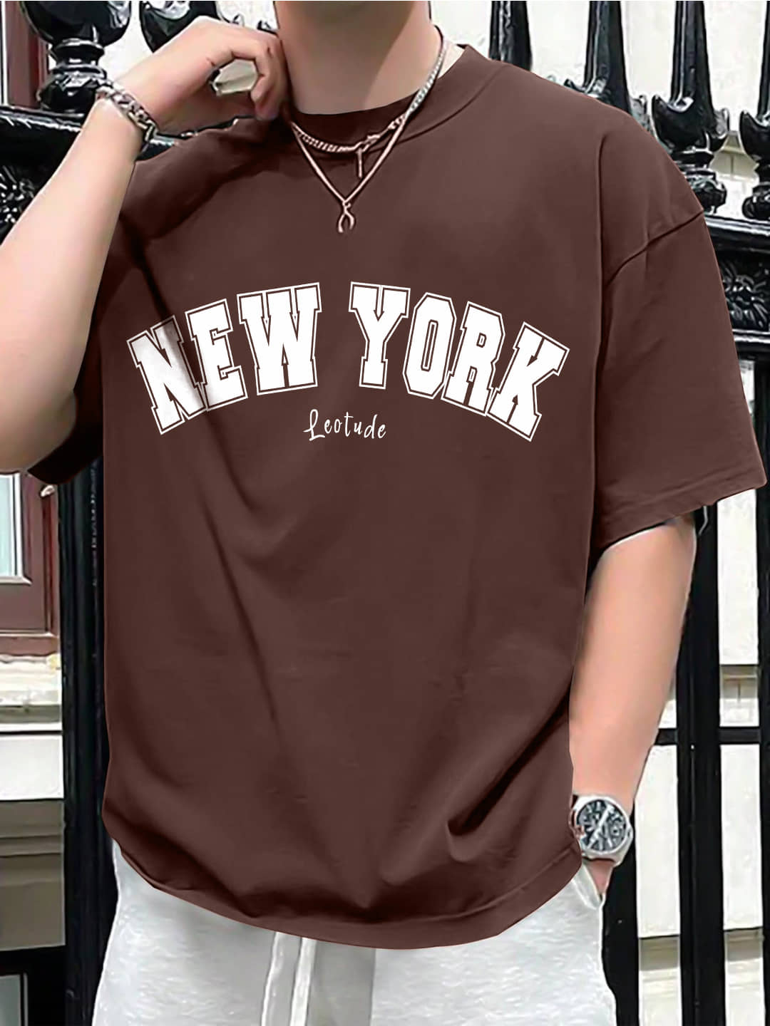 Leotude Men Cotton Blend Oversized Fit Printed T-Shirt ( Brown )