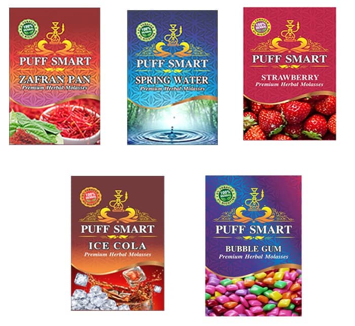Puff Smart Premium Herbal Hookah Flavour Pack of 5 (Zafran Pan, Spring Water, Strawberry, Ice Cola, Bubble Gum)