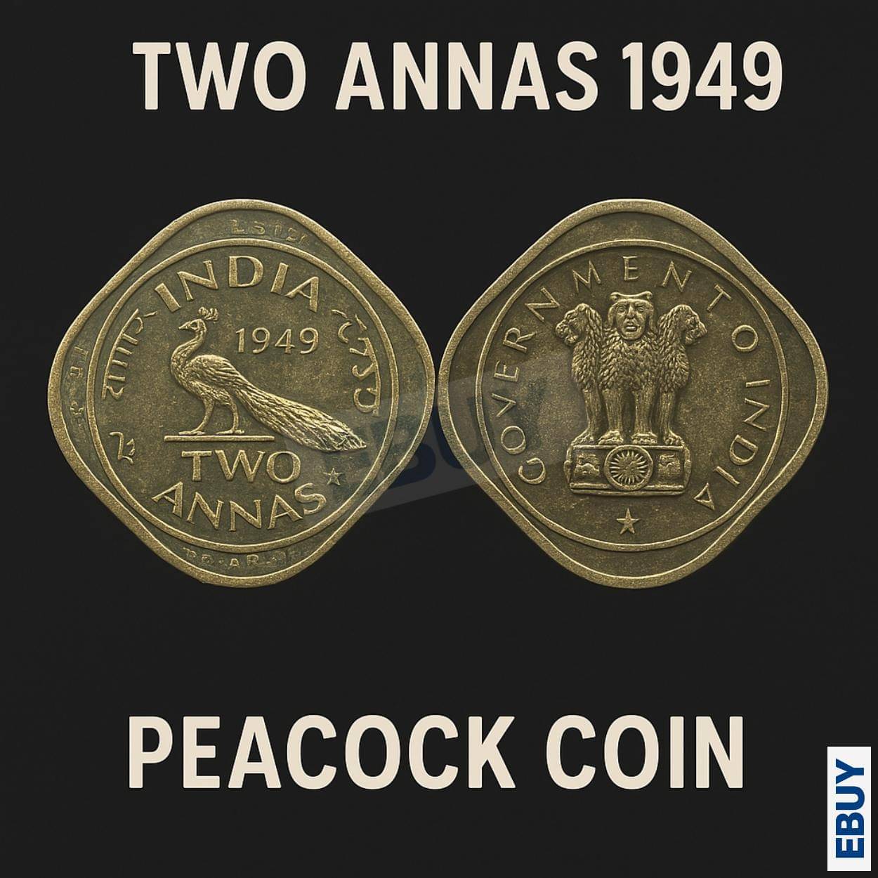     			Rare 2 Anna 1949 Seated Peacock, India old fancy Coin