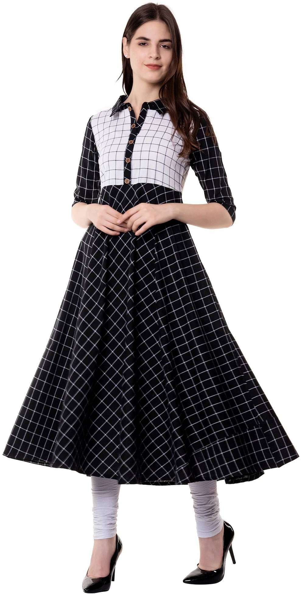 SEVEN FLOWER Women Cotton Checks Anarkali Kurti ( Black ) SEVEN FLOWER Women Cotton Checks Anarkali Kurti ( Black )