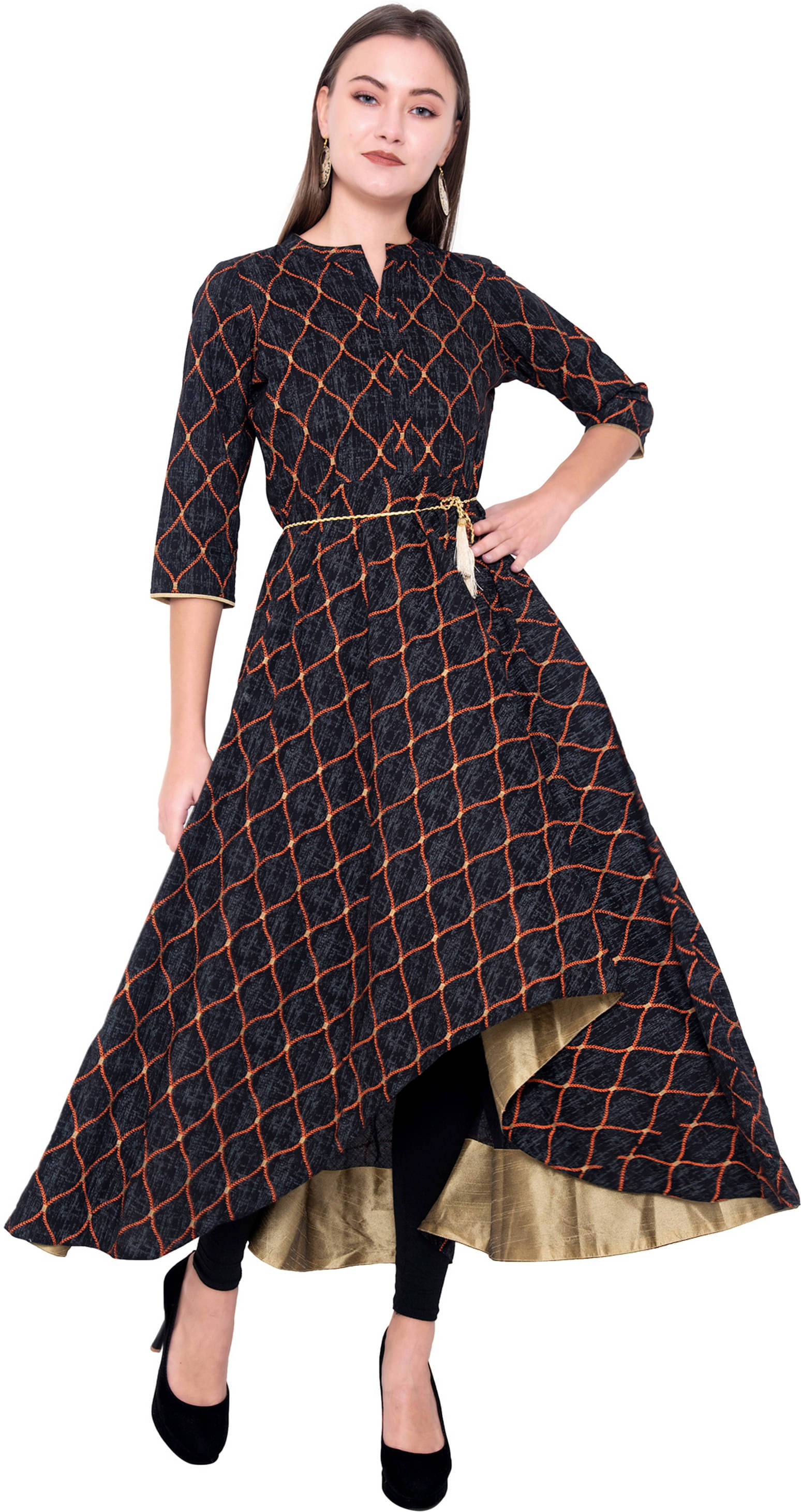 SEVEN FLOWER Women Cotton Printed Flared Kurti ( Black )     			SEVEN FLOWER Women Cotton Printed Flared Kurti ( Black )
