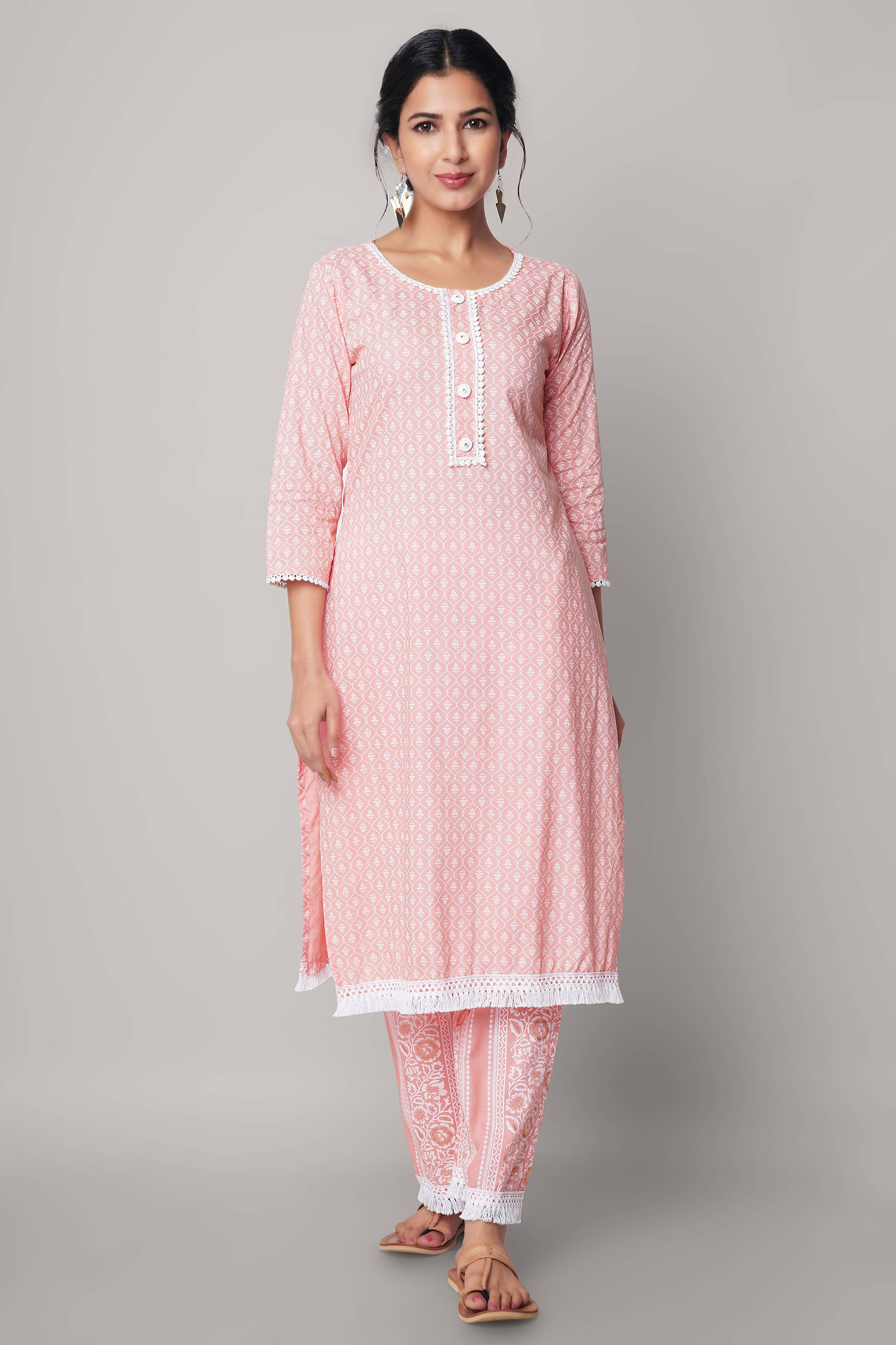     			SEVEN FLOWER Women Rayon Printed A-line Kurti With Pants ( Pink )