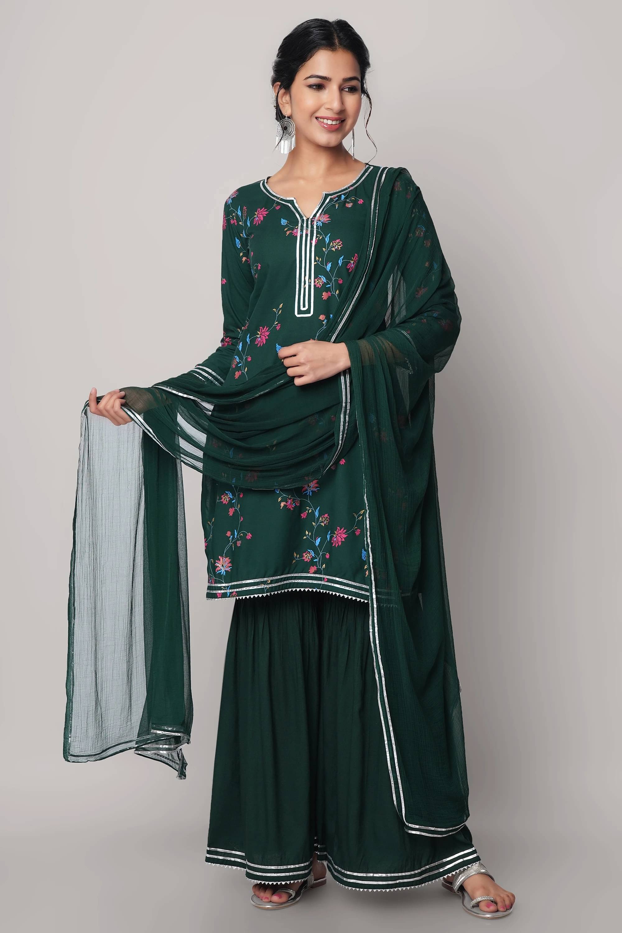     			SEVEN FLOWER Women Rayon Printed A-line Kurti With Sharara And Gharara ( Dark Green )