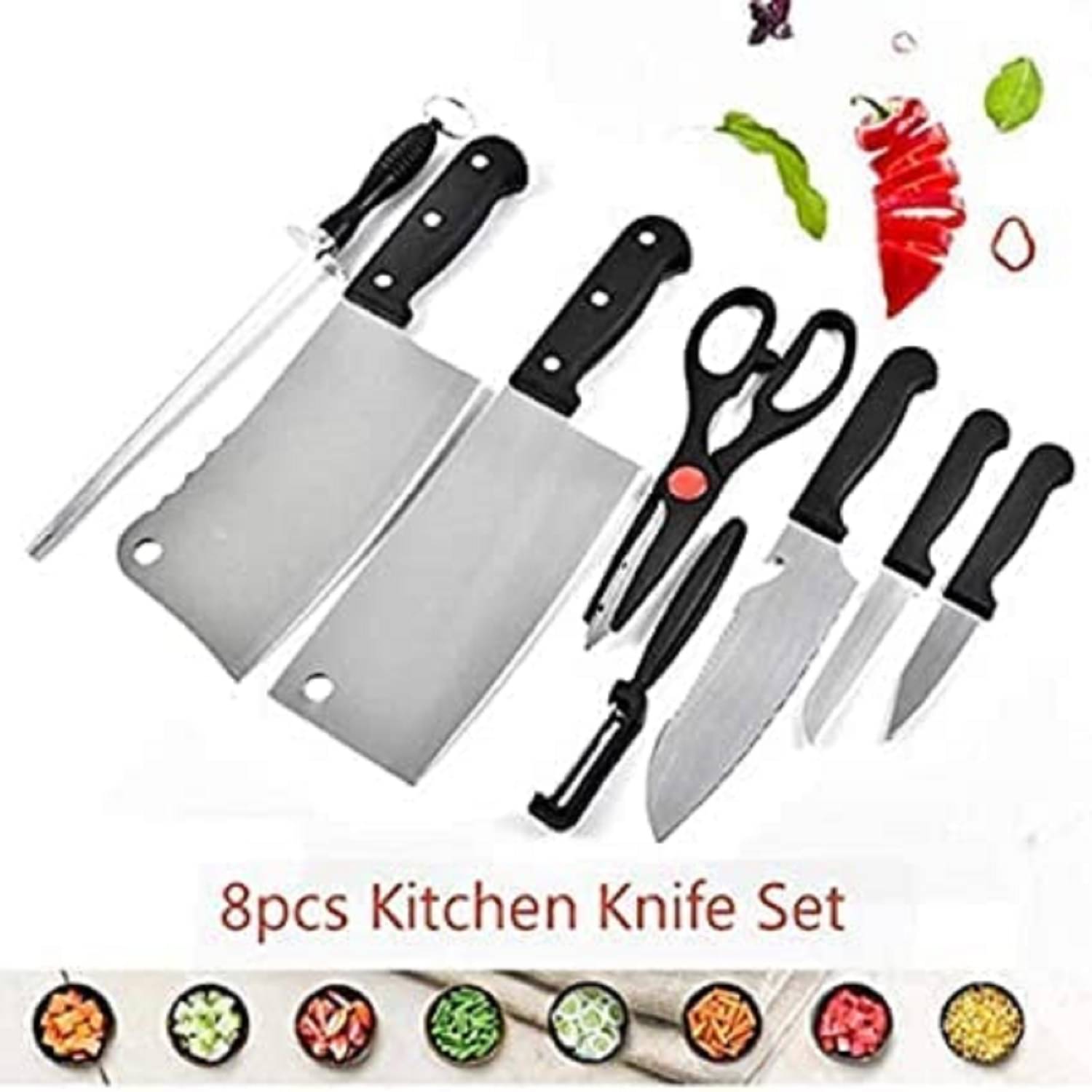     			Stainless Steel Kitchen Knife Set Professional Chef Knife Set with Scissors, Non-Slip Handle, Premium Sharp Knives for Vegetable & Meat Cutting | Cooking Accessories (8 in 1)