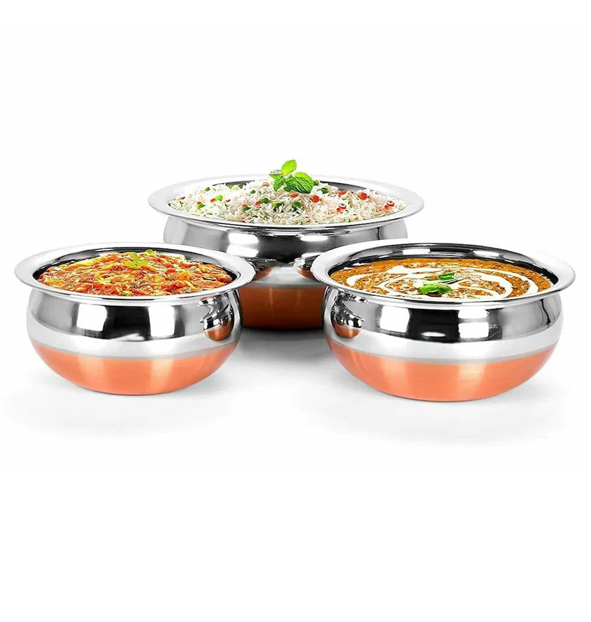 Steel copper Handi 3 Pcs Set Non Coated Stainless Steel Handi Copper Bottom with Steel Lid 13 cm Diameter 0.5 Ltr     			Steel copper Handi 3 Pcs Set Non Coated Stainless Steel Handi Copper Bottom with Steel Lid 13 cm Diameter 0.5 Ltr