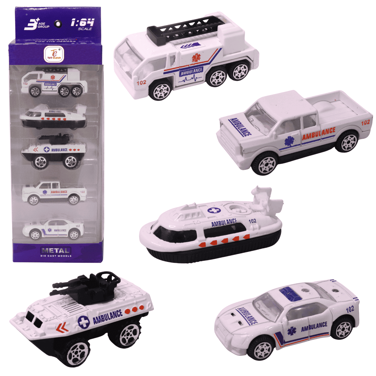     			Toy Cloud 1:64 Scaled Ambulance Rescue Set of 5 pcs, Free-Wheel Die-Cast Metal Vehicle Miniature Collection Toys, Durable, Detailed, and Realistic Design Perfect for Playtime, Gifts & Display, Ideal for Boys & Girls