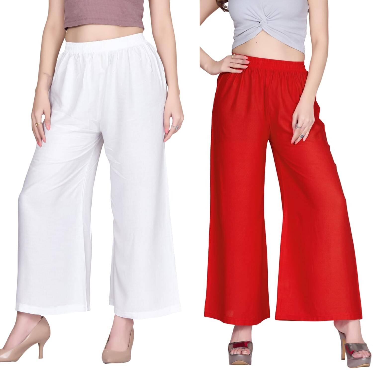     			Tritara Pack of 2 Rayon Flared Women's Palazzos ( White,Red )