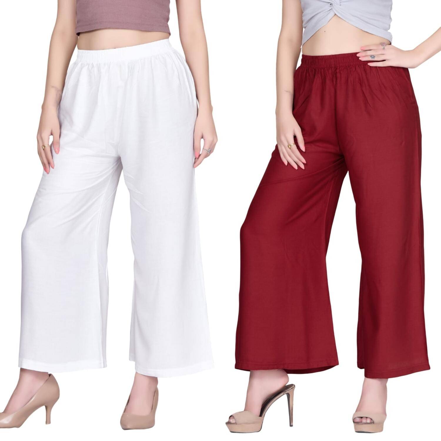 Tritara Pack of 2 Rayon Flared Women's Palazzos ( White,Maroon ) Tritara Pack of 2 Rayon Flared Women's Palazzos ( White,Maroon )