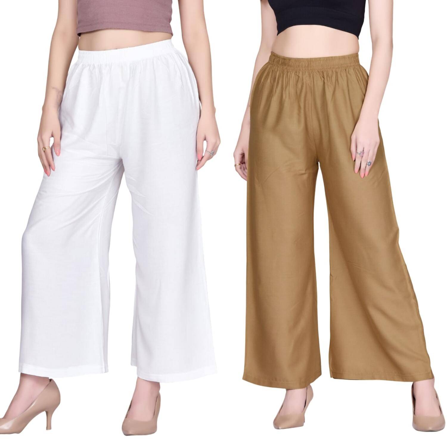 Tritara Pack of 2 Rayon Flared Women's Palazzos ( White,Beige ) Tritara Pack of 2 Rayon Flared Women's Palazzos ( White,Beige )