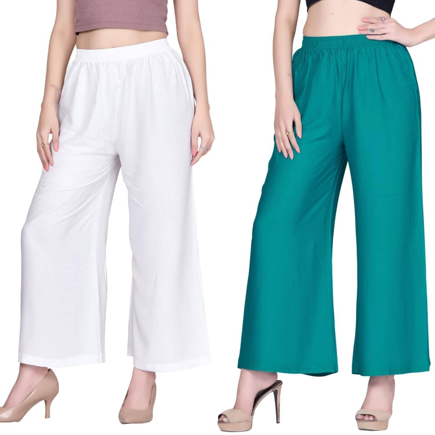 Tritara Pack of 2 Rayon Flared Women's Palazzos ( White,Green ) Tritara Pack of 2 Rayon Flared Women's Palazzos ( White,Green )