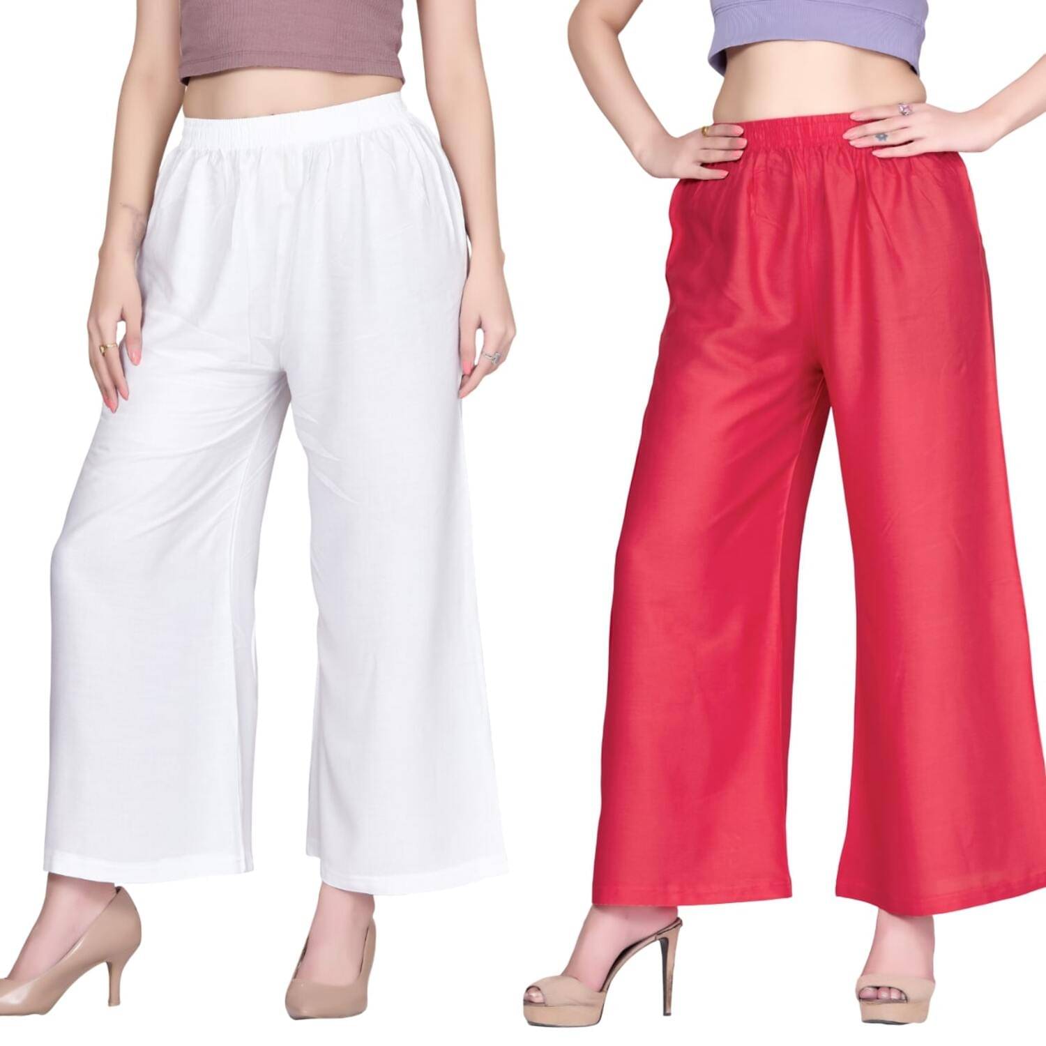     			Tritara Pack of 2 Rayon Flared Women's Palazzos ( White,Coral )