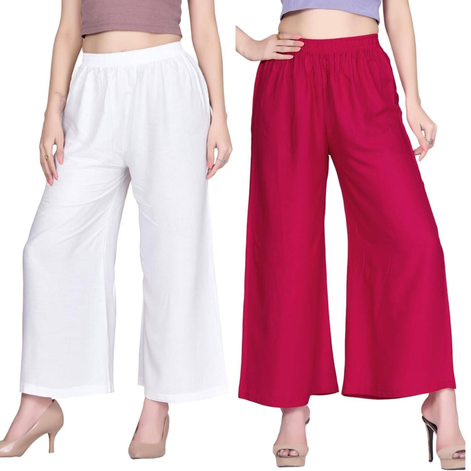 Tritara Pack of 2 Rayon Flared Women's Palazzos ( White,Pink ) Tritara Pack of 2 Rayon Flared Women's Palazzos ( White,Pink )