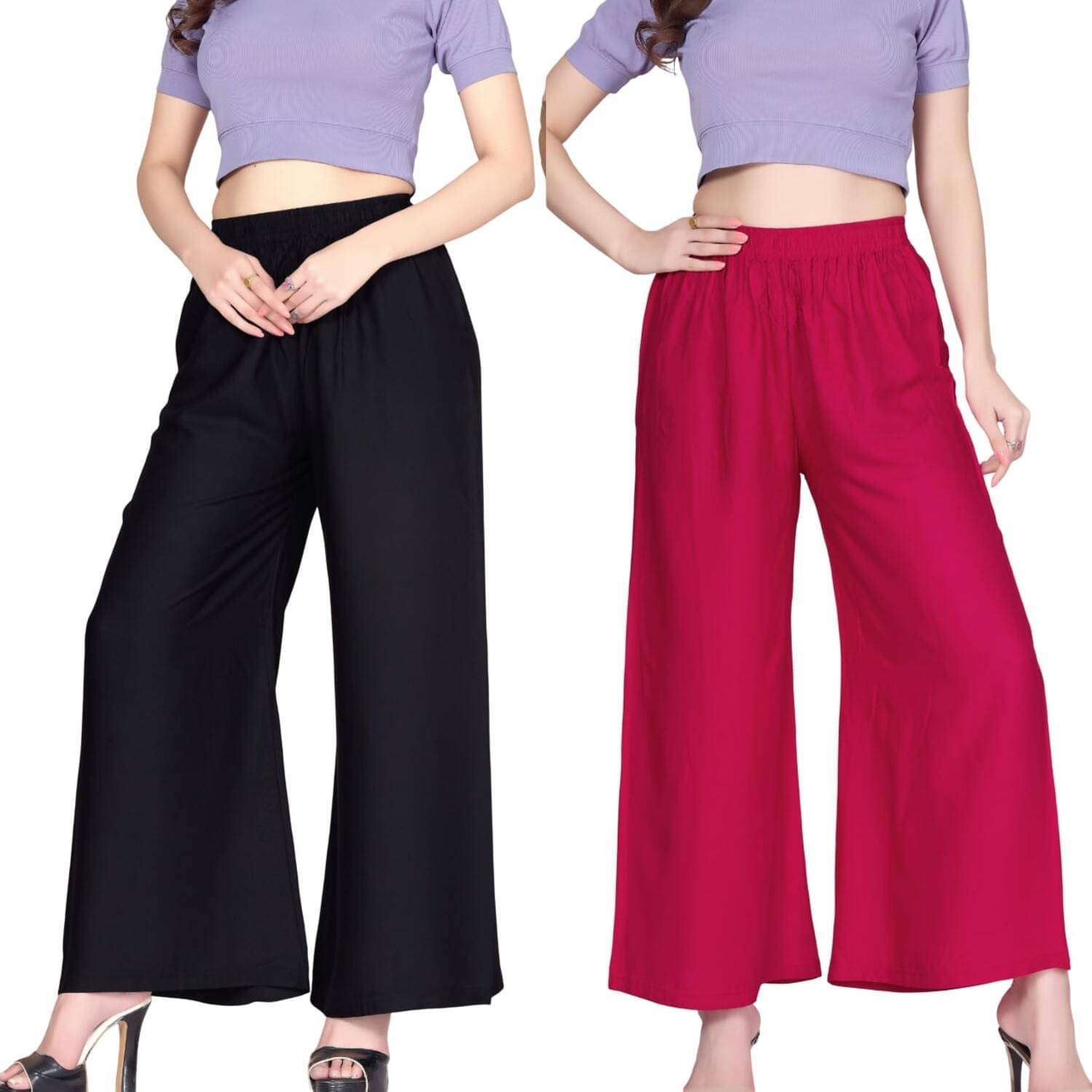 Tritara Pack of 2 Rayon Flared Women's Palazzos ( Black,Pink ) Tritara Pack of 2 Rayon Flared Women's Palazzos ( Black,Pink )