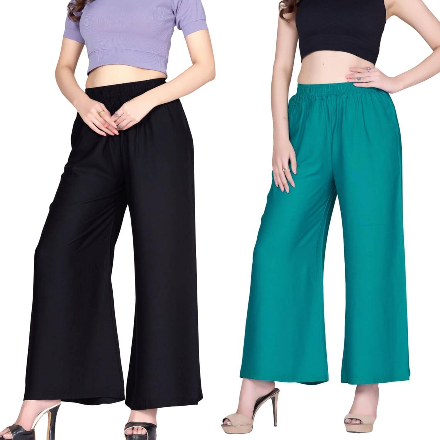     			Tritara Pack of 2 Rayon Flared Women's Palazzos ( Black,Green )