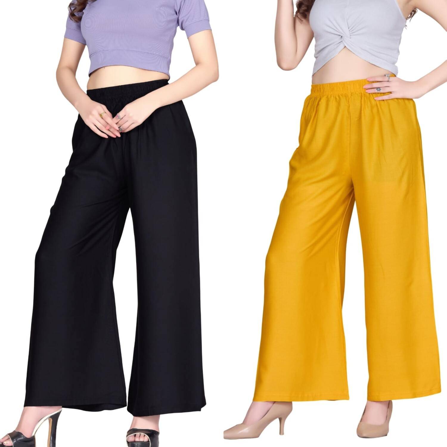 Tritara Pack of 2 Rayon Flared Women's Palazzos ( Black,Mustard ) Tritara Pack of 2 Rayon Flared Women's Palazzos ( Black,Mustard )
