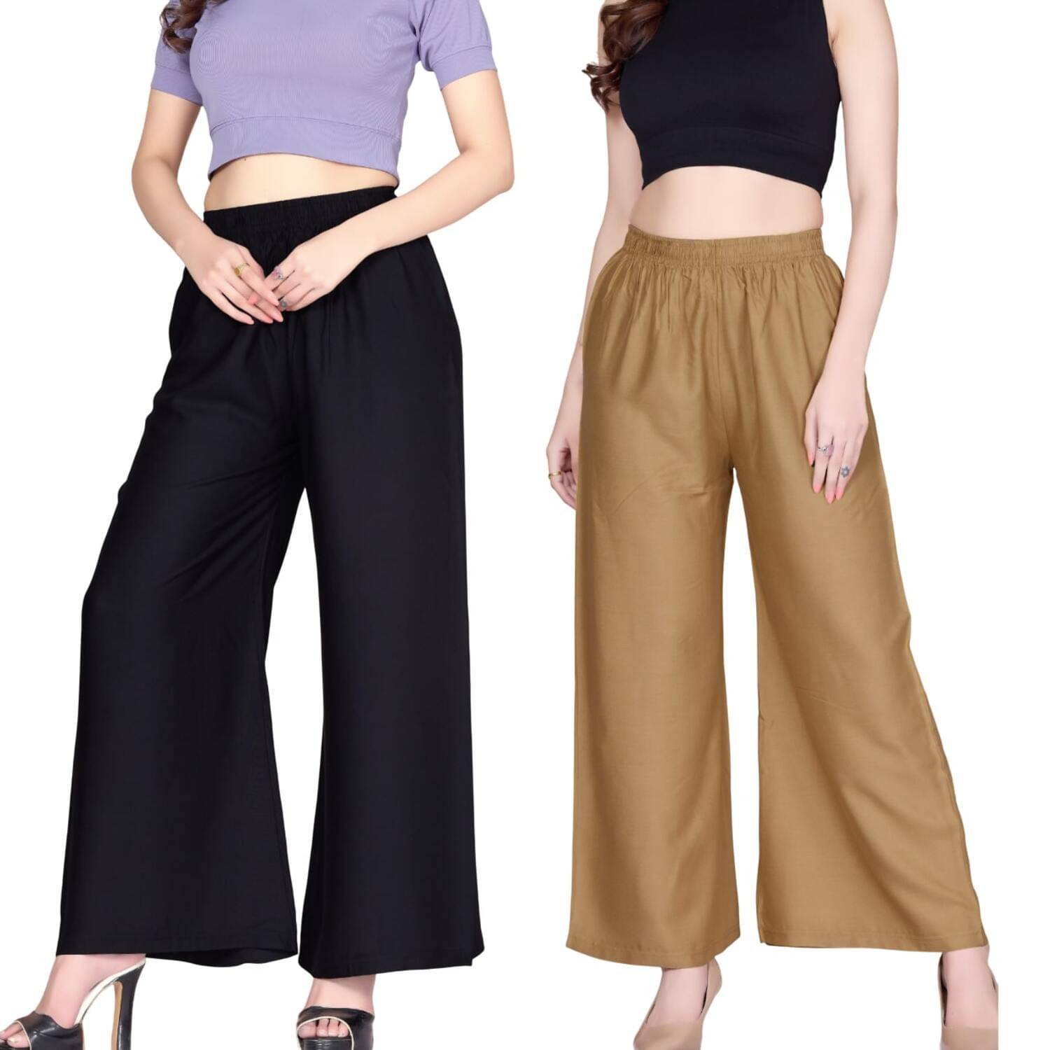 Tritara Pack of 2 Rayon Flared Women's Palazzos ( Black,Beige ) Tritara Pack of 2 Rayon Flared Women's Palazzos ( Black,Beige )