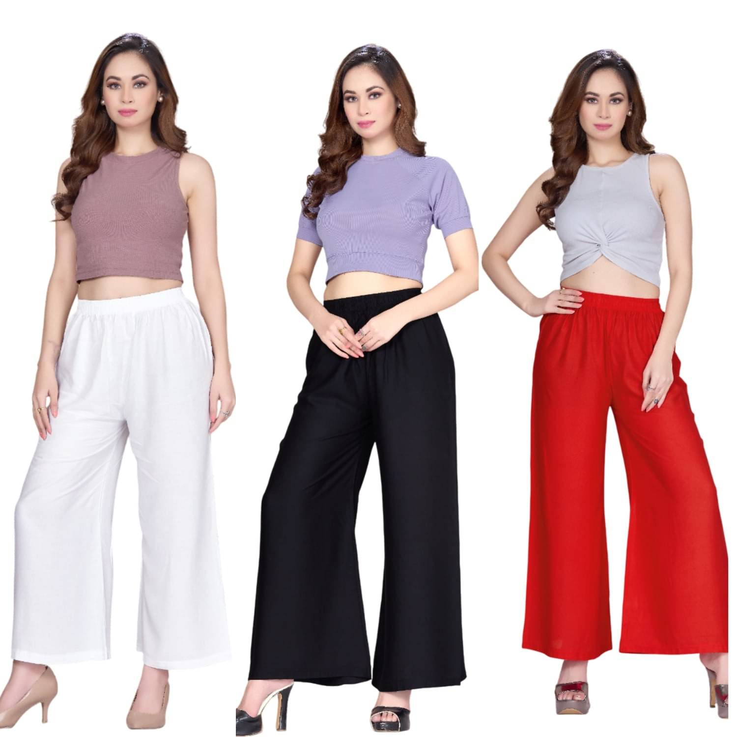     			Tritara Pack of 3 Rayon Flared Women's Palazzos ( Black,White,Red )