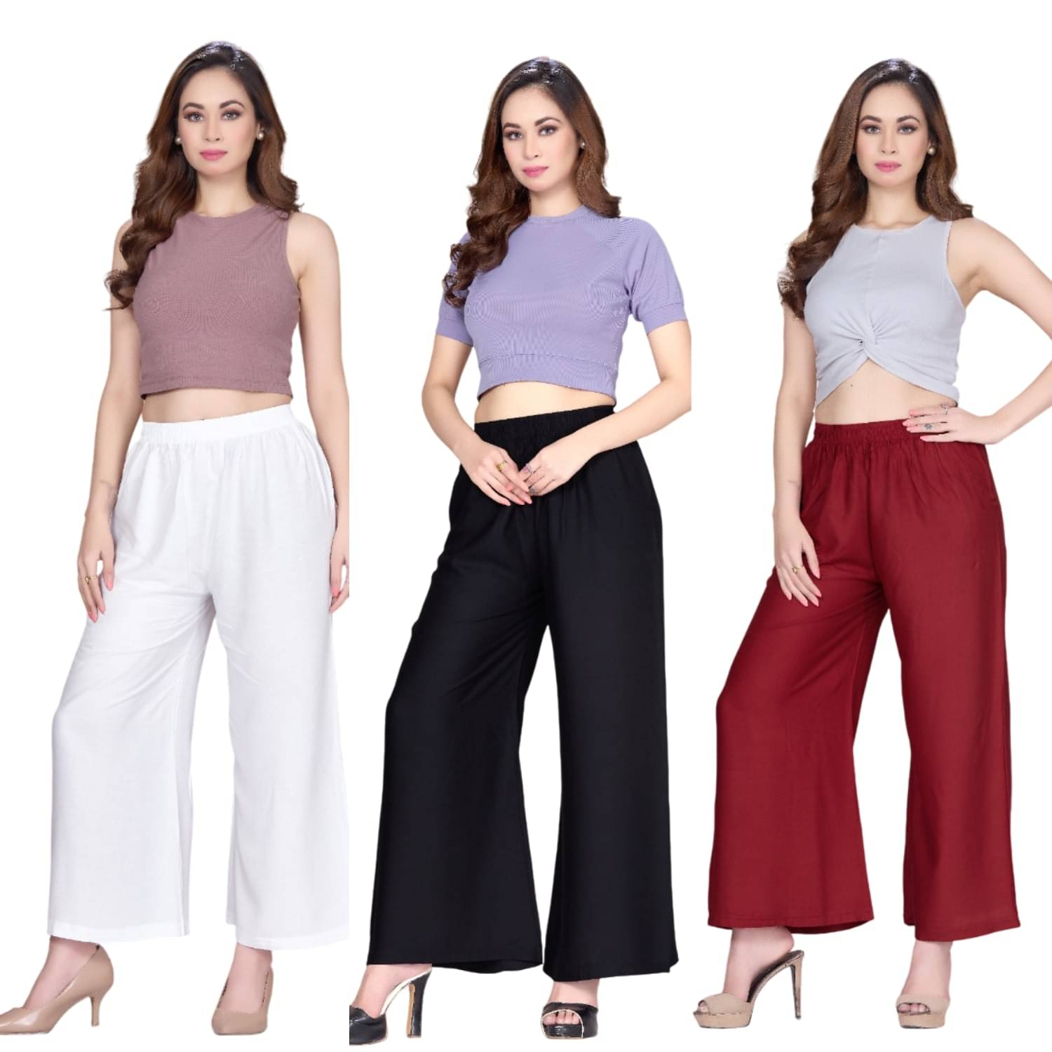 Tritara Pack of 3 Rayon Flared Women's Palazzos ( Black,White,Maroon ) Tritara Pack of 3 Rayon Flared Women's Palazzos ( Black,White,Maroon )