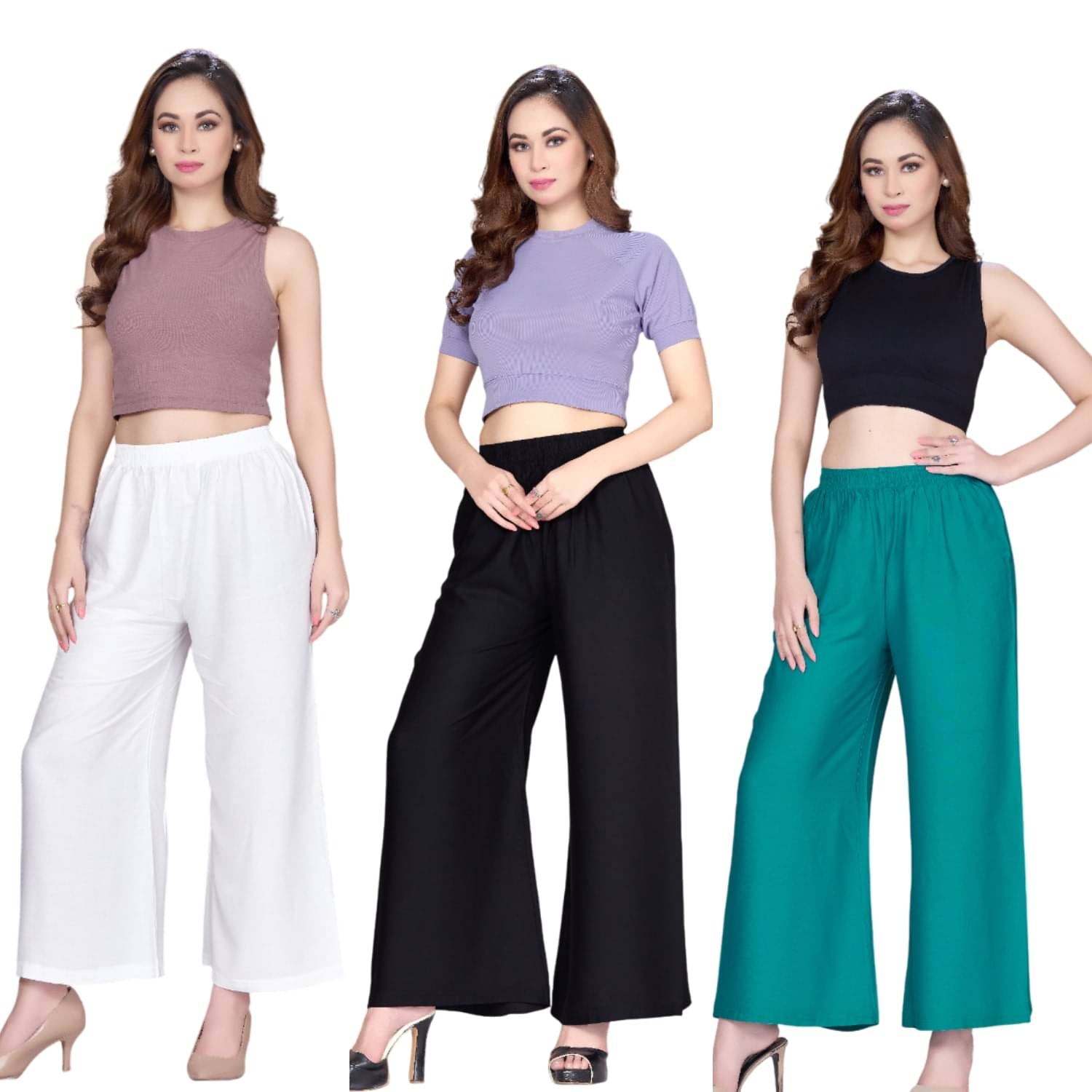     			Tritara Pack of 3 Rayon Flared Women's Palazzos ( Black,White,Green )