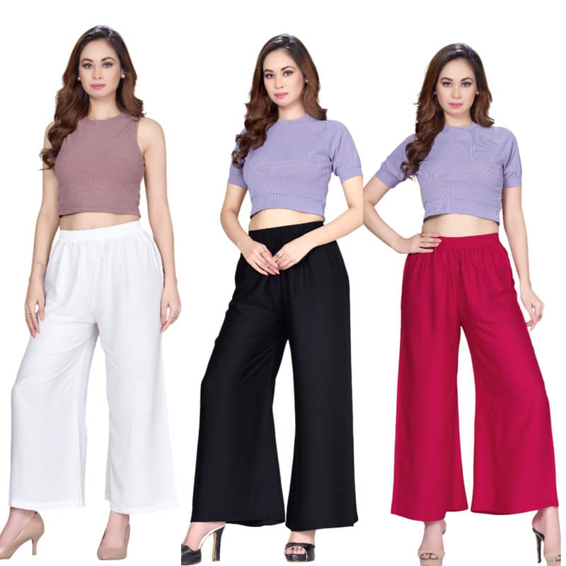 Tritara Pack of 3 Rayon Flared Women's Palazzos ( Multicolor ) Tritara Pack of 3 Rayon Flared Women's Palazzos ( Multicolor )