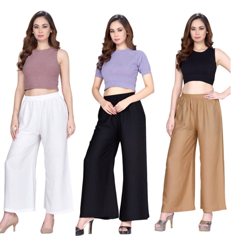 Tritara Pack of 3 Rayon Flared Women's Palazzos ( Multicolor ) Tritara Pack of 3 Rayon Flared Women's Palazzos ( Multicolor )