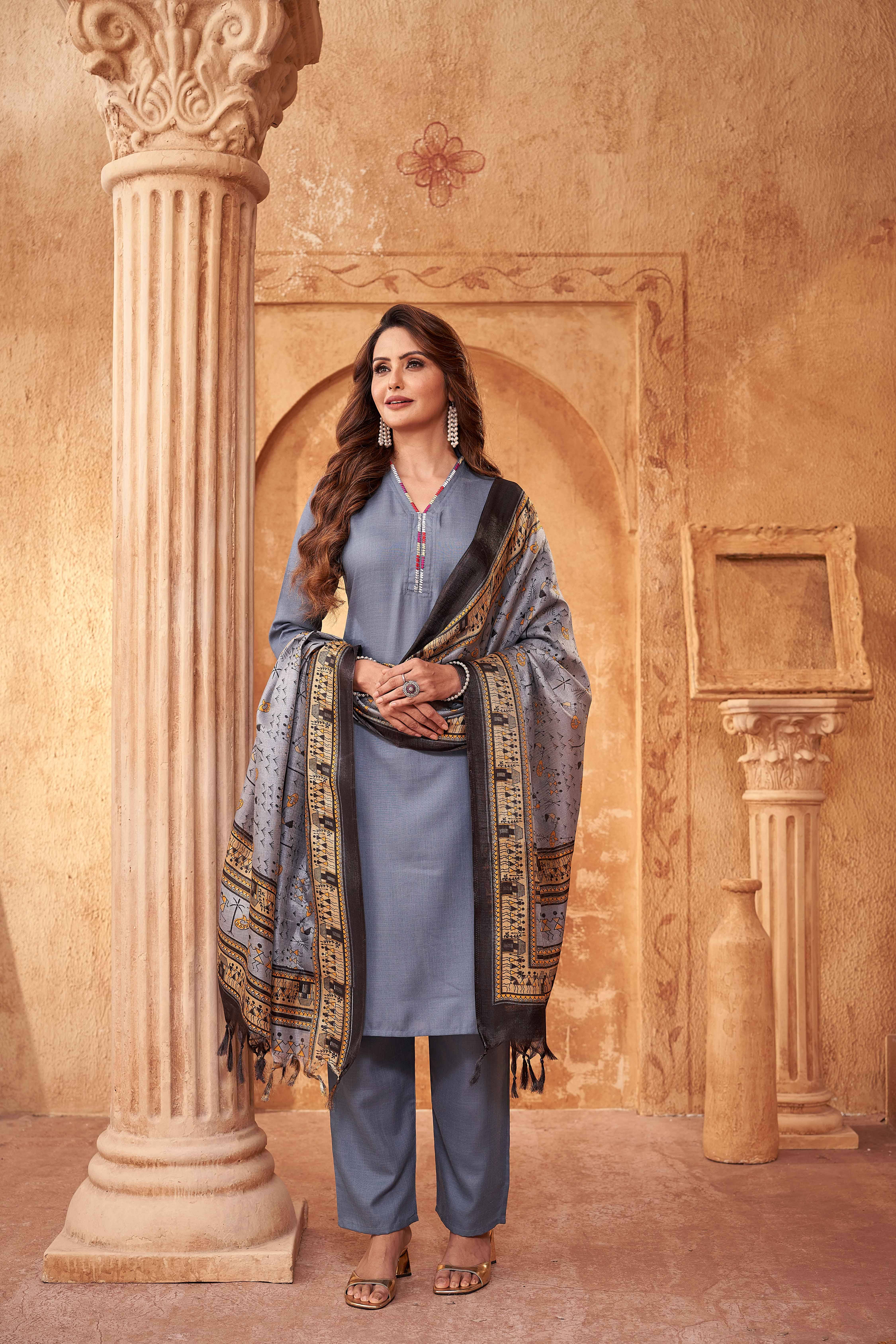     			Vorhiza Women Cotton Solid Straight Kurti With Pants ( Grey )