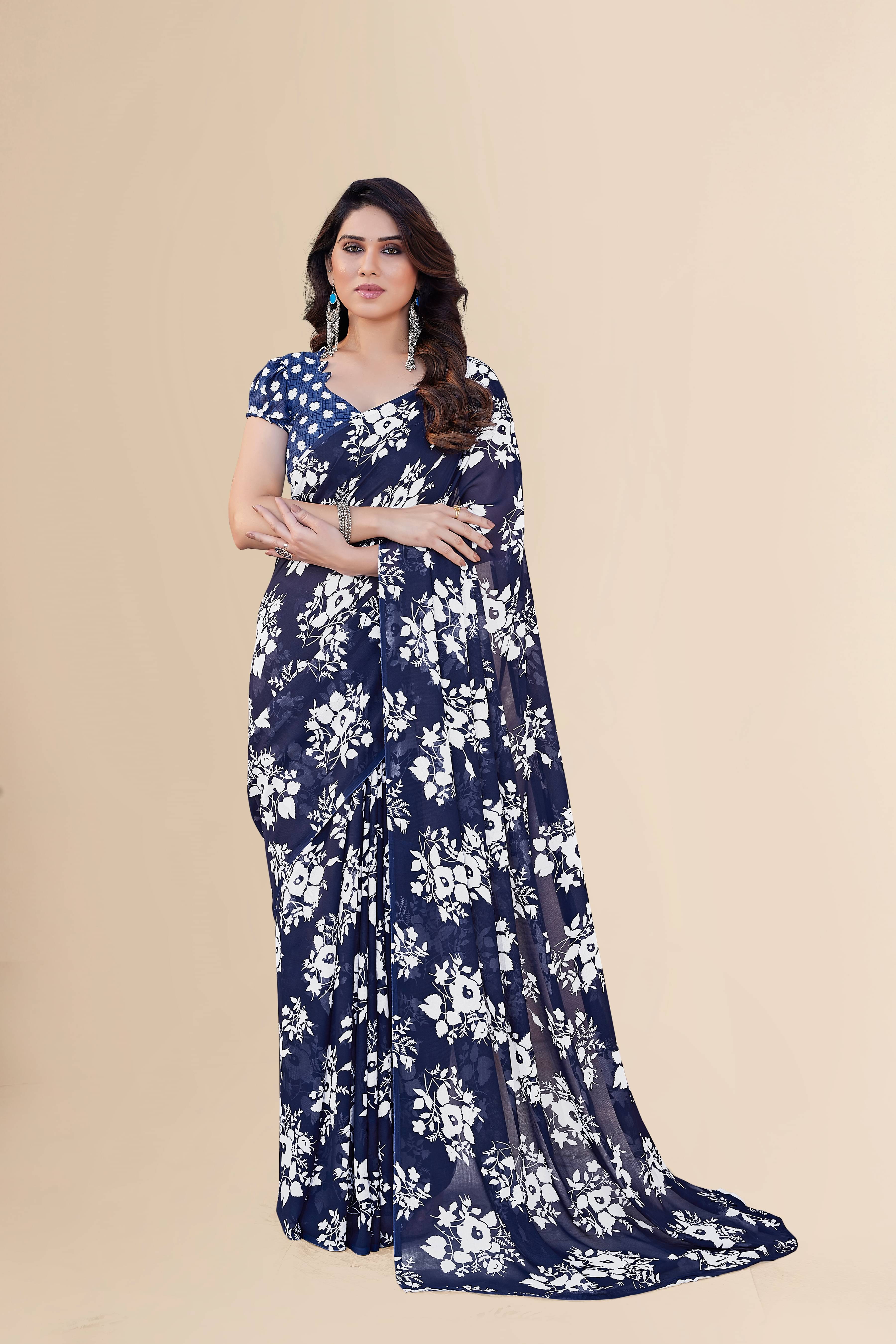 ANAND SAREES Georgette Printed Chanderi saree With Unstitched Blouse Piece ( Blue )     			ANAND SAREES Georgette Printed Chanderi saree With Unstitched Blouse Piece ( Blue )