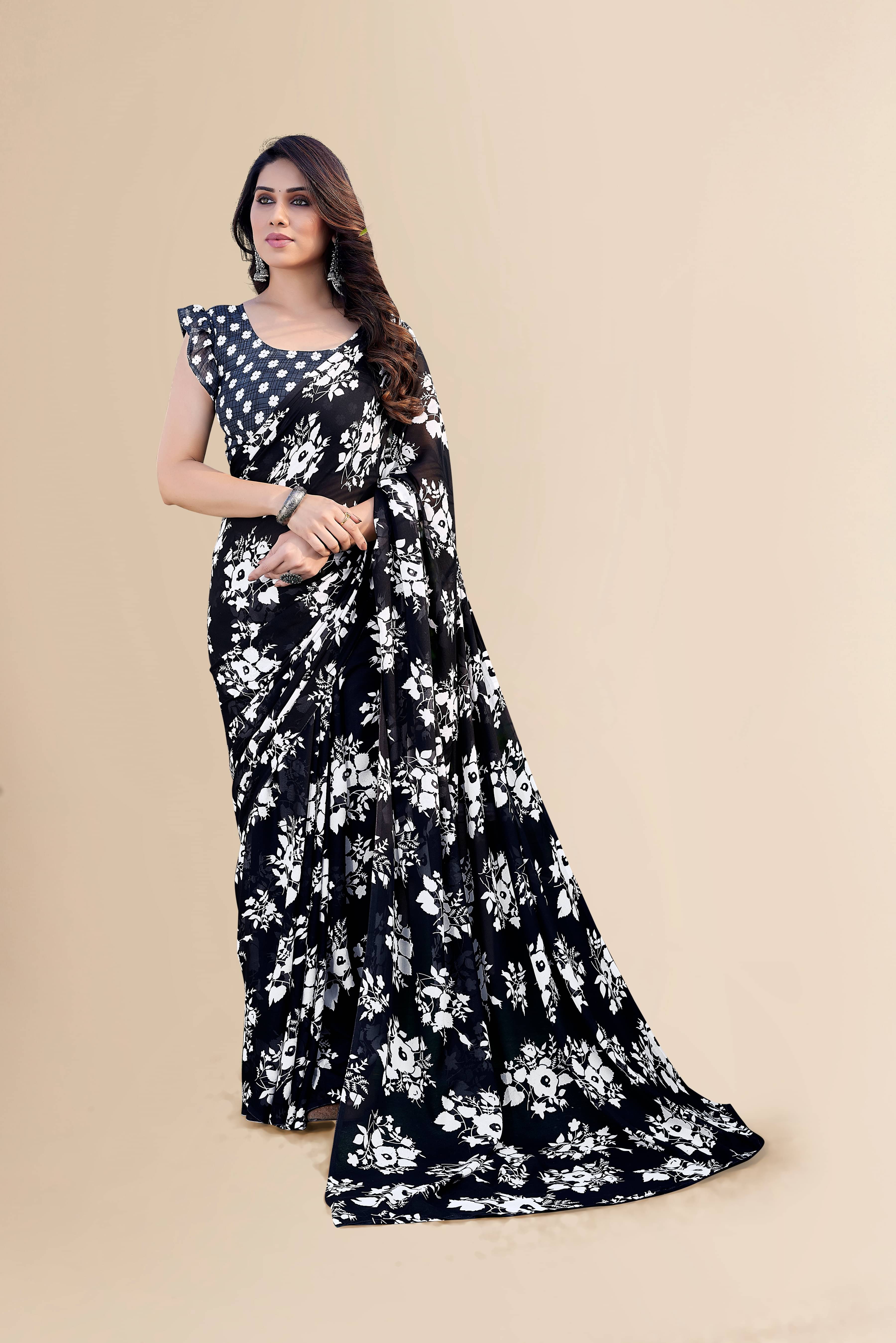 ANAND SAREES Georgette Printed Chanderi saree With Unstitched Blouse Piece ( Black ) ANAND SAREES Georgette Printed Chanderi saree With Unstitched Blouse Piece ( Black )